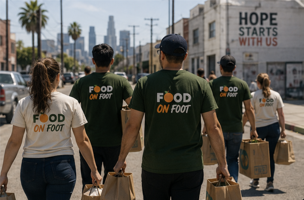 Food on Foot volunteers walking through Los Angeles carrying bags of groceries